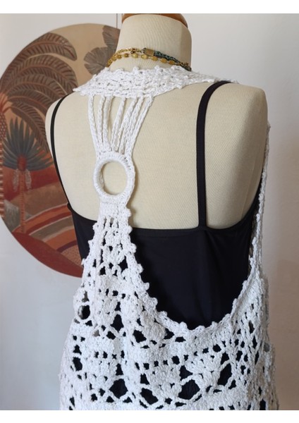 Hippybutik Kadın El Işi Sırt Detaylı Beyaz Tasarım Yelek/hırka