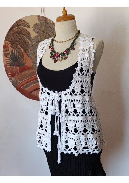 Hippybutik Kadın El Işi Sırt Detaylı Beyaz Tasarım Yelek/hırka fırsatları