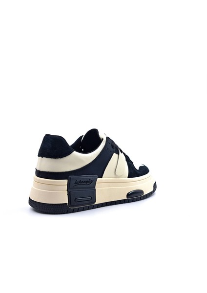 G24K358 Hakiki Deri Siyah Bej Kadın Sneaker Spor Ayakkabı modelleri