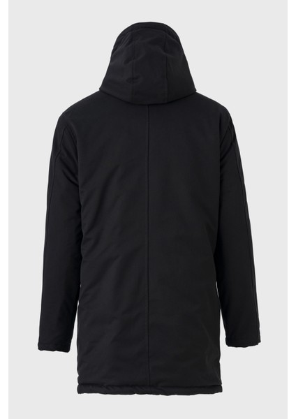 Erkek Siyah Gabardin Kapüşonlu Parka