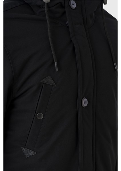 Erkek Siyah Gabardin Kapüşonlu Parka