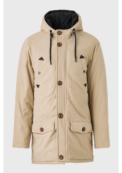 Erkek Bej Gabardin Kapüşonlu Parka