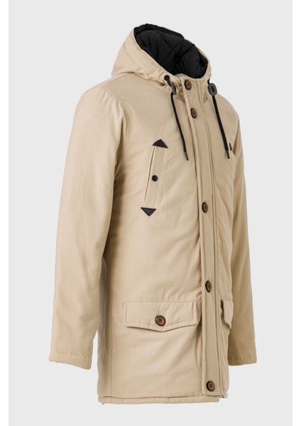 Erkek Bej Gabardin Kapüşonlu Parka
