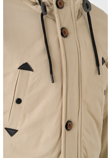 Erkek Bej Gabardin Kapüşonlu Parka