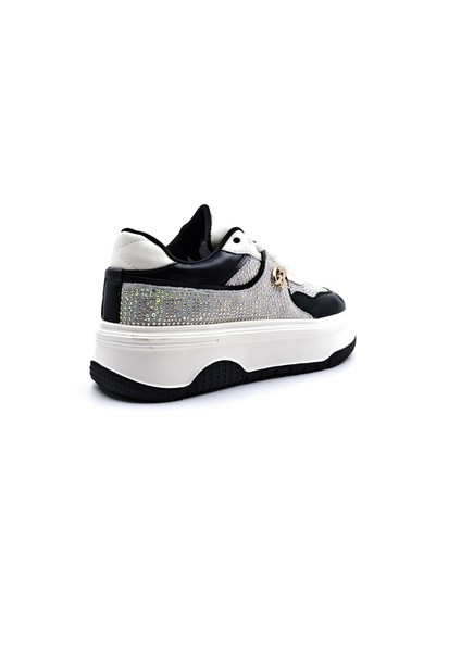 G24K355 Hakiki Deri Kadın Taşlı Siyah Sneaker Spor Ayakkabı modelleri