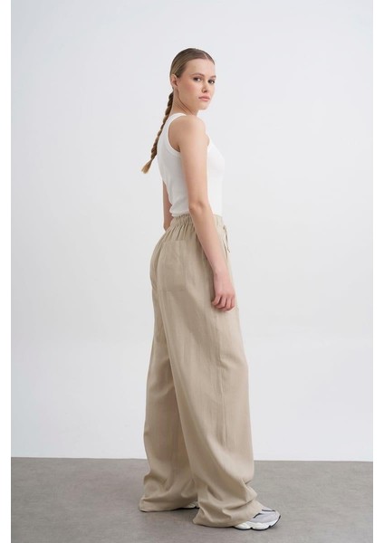Kadın Keten Pantolon Krem modelleri