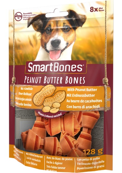 Smartbones Peanut Butter Fıstık Ezmeli Tavuklu Düğüm Köpek Ödül Kemiği Mini 8 Li 128 gr