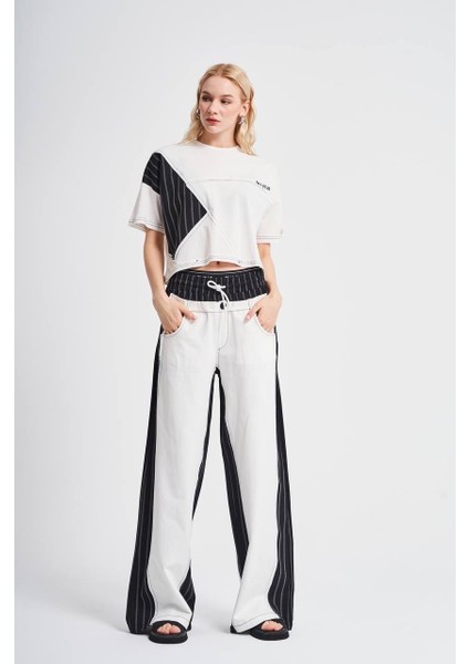 Kumaş Karışımlı Oversize Beyaz Tshirt ve Palazzo Pantolon Takım
