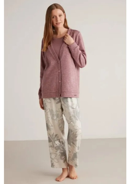 Yumuşak Dokulu Hırkalı Üçlü Kadın Pijama Takım 2417