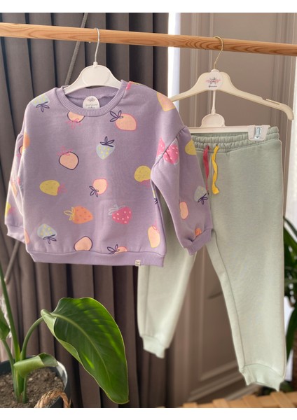 aden Meyve Baskılı Pamuklu 3 Iplik Şardonlu Sweat Bağcıklı Lastikli Bel Eşofman Kız Çocuk Takım