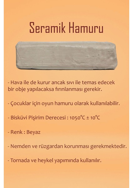 Beyaz Seramik Hamuru 1 kg Kil Ebeşuar Seti 6X15 ml Akrilik Set 25 ml Vernik Ahşap Merdane Zımpara