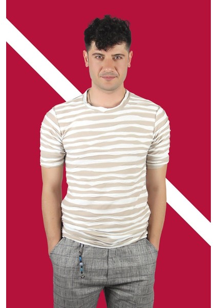 Clay Erkek Bej/beyaz Çizgili T-Shirt