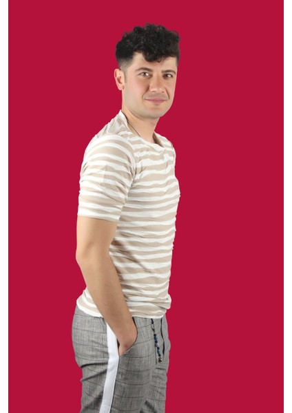 Clay Erkek Bej/beyaz Çizgili T-Shirt