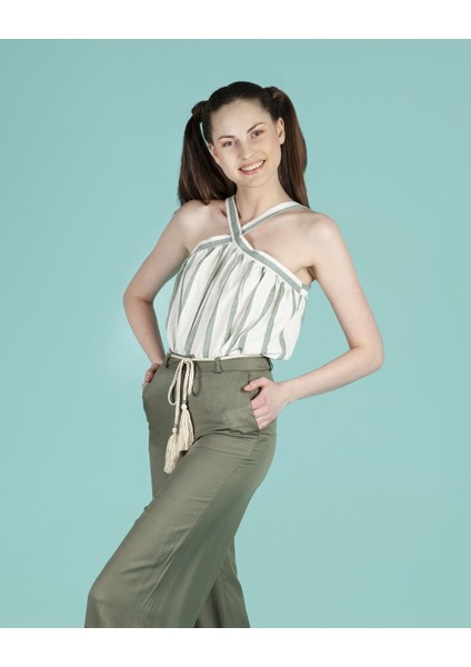 Aida Kadın Haki/ekru Çizgili Askılı Bluz fiyatları