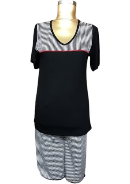26111-NENA Bayan Kapri Pijama Takım-Siyah Çizgili