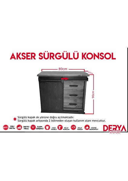 Akser Masif Ahşap Ray Kapaklı Çekmeceli Konsol-Ofis Dolabı 80 cm