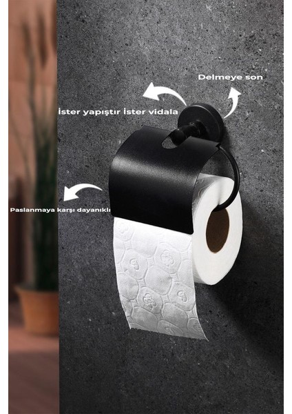 Siyah Geniş Kapaklı Vidalı Tuvalet Kağıtlığı Wc Kağıtlık Tuvalet Kağıdı Askısı Metal