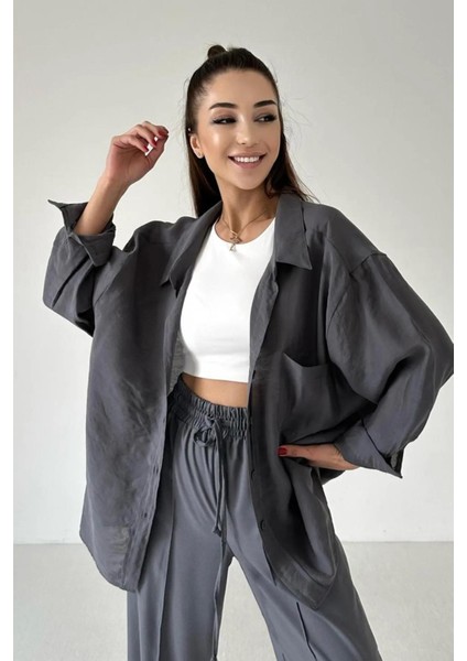 Kadın Düşük Omuzlu Owersize Gömlek Gri