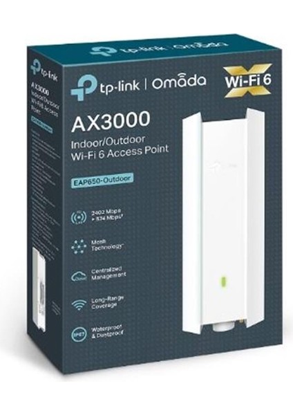 Tp-Lınk Omada EAP650-OUTDOOR AX3000 Dual Band Wıfı6 1xgbıt RJ45 574MBPS/2.4GHZ/2402MBPS/5GHZ Access Poınt (Adaptörlü)