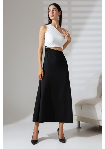 Siyah-Beyaz Kolsuz Tek Omuz Uzun Abiye Nikah Elbise Tasarım Hediye Büyük Beden