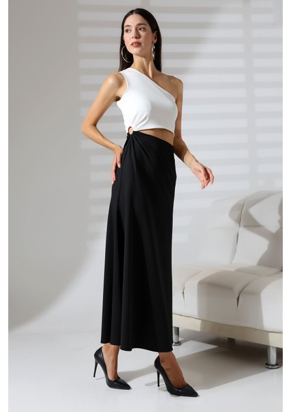 Siyah-Beyaz Kolsuz Tek Omuz Uzun Abiye Nikah Elbise Tasarım Hediye Büyük Beden fiyatları