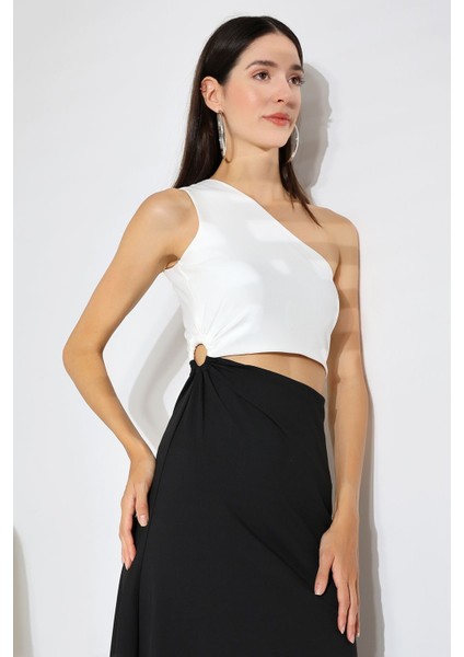 Siyah-Beyaz Kolsuz Tek Omuz Uzun Abiye Nikah Elbise Tasarım Hediye Büyük Beden indirimleri