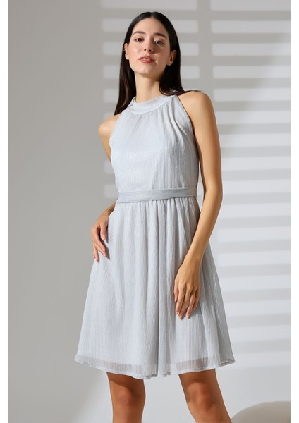 Gri Simli Kemer Detaylı Halter Yaka Pliseli Mini Abiye Nikah Elbise Hediye Büyük Beden fiyatları