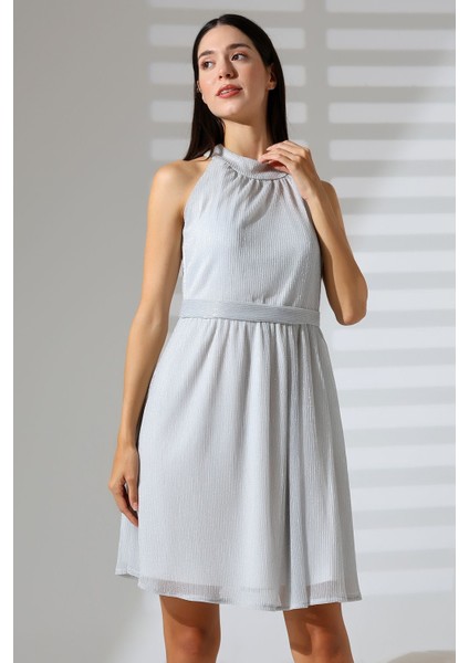 Gri Simli Kemer Detaylı Halter Yaka Pliseli Mini Abiye Nikah Elbise Hediye Büyük Beden indirimleri
