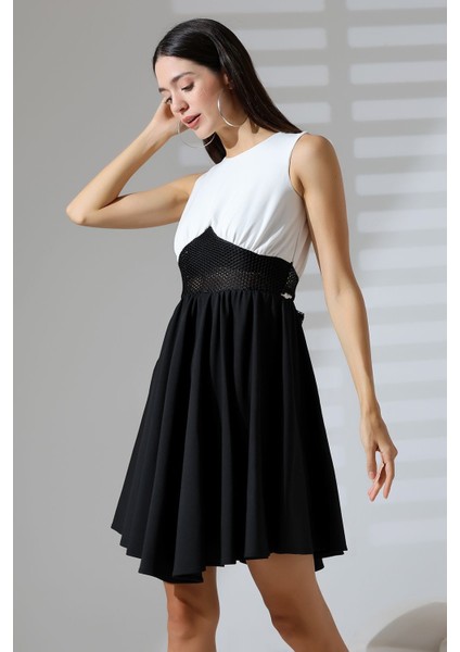 Siyah-Beyaz Kolsuz Bel File Detaylı Mini Abiye Nikah Elbise Hediye Büyük Beden