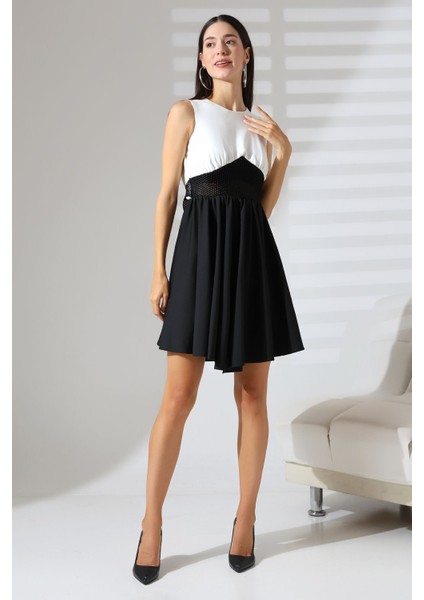 Siyah-Beyaz Kolsuz Bel File Detaylı Mini Abiye Nikah Elbise Hediye Büyük Beden fiyatları