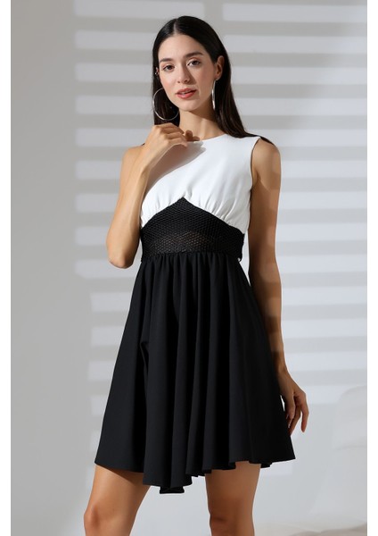 Siyah-Beyaz Kolsuz Bel File Detaylı Mini Abiye Nikah Elbise Hediye Büyük Beden fırsatları