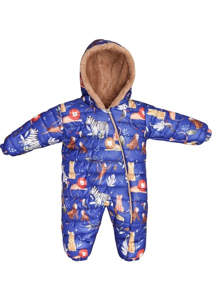 Safari Desenli Içi Kürklü Kapüşonlu Erkek Bebek Saks Mavi Astronot Kozmonot Tulum