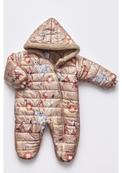 Safari Desenli Içi Kürklü Kapüşonlu Erkek Bebek Bej Astronot Kozmonot Tulum