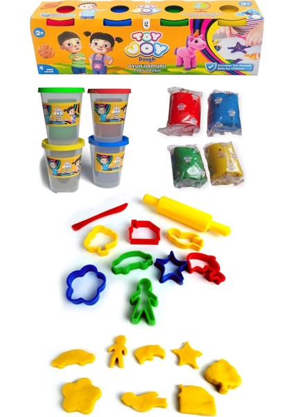 Toy Joy Dough Oyun Hamuru 4 Canlı Renk 480 gr Oyun Hamuru Kalıbı Merdane + 8 Şekil Seti