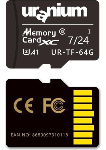 64 GB Uranıum UR-TF-64G Mıcro Sd Card U3 7/24 Surveıllance 100/40MBS Industrıal Hafıza Kartı (3 Yıl Garanti)