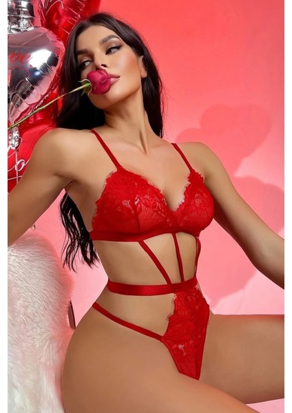 Heloshe Kadın Kırmızı Dantel Sexy Fantezi Babydoll