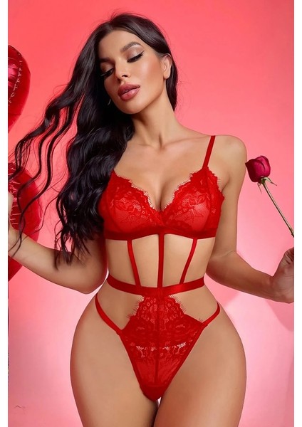 Heloshe Kadın Kırmızı Dantel Sexy Fantezi Babydoll fiyatları