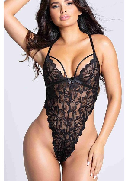 Heloshe Kadın Siyah Dantel Arkası Çapraz Sexy Fantezi Babydoll