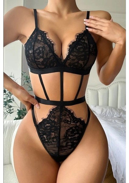 Heloshe Kadın Siyah Dantel Sexy Fantezi Babydoll