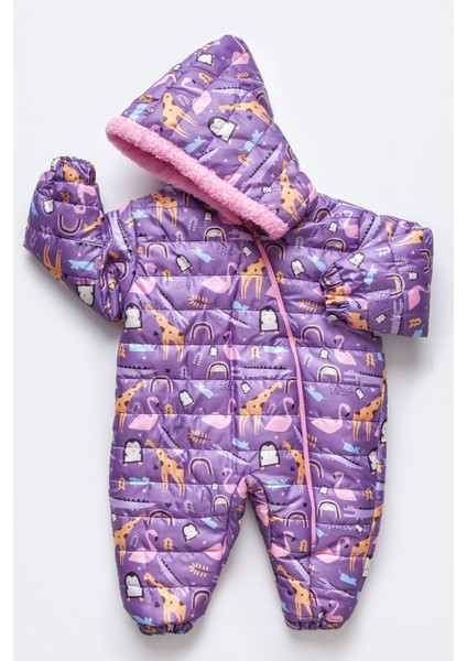 Zürafa,penguen,flamingo Figürlü Içi Kürklü Kapüşonlu Mor Kız Bebek Astronot Kozmonot Tulum Dar Kalıp