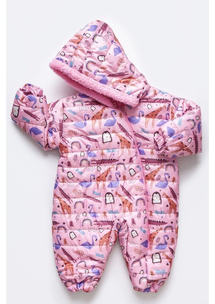 Zürafa,penguen,flamingo Figürlü Içi Kürklü Kapüşonlu Pembe Kız Bebek Astronot Kozmonot Tulum Dar