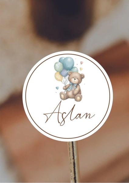 Yuvarlak Bebek Etiketleri, 4x4cm, 96 adet, Mavi Balonlu Ayıcık tasarımı