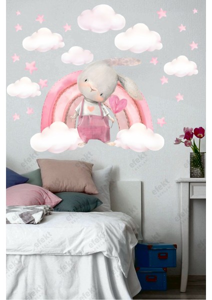 Çocuk odası renkli gökkuşağı, tavşan, bulut ve yıldızlar duvar çıkartması seti 5+