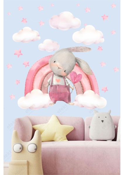 Çocuk odası renkli gökkuşağı, tavşan, bulut ve yıldızlar duvar çıkartması seti 5+ fiyatları