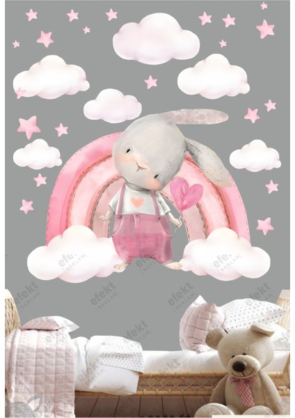Çocuk odası renkli gökkuşağı, tavşan, bulut ve yıldızlar duvar çıkartması seti 5+ modelleri