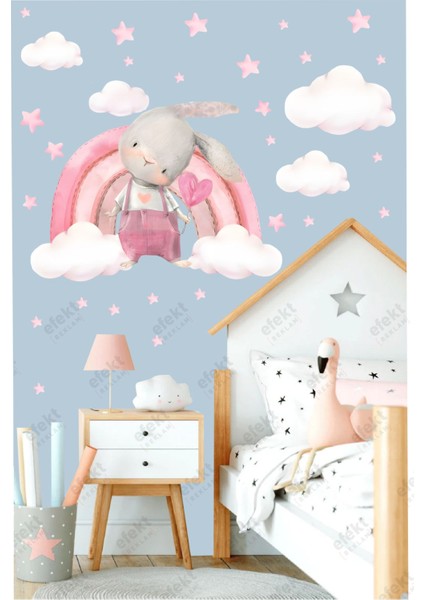 Çocuk odası renkli gökkuşağı, tavşan, bulut ve yıldızlar duvar çıkartması seti 5+ fırsatları