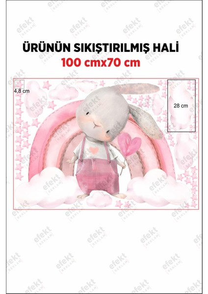 Çocuk odası renkli gökkuşağı, tavşan, bulut ve yıldızlar duvar çıkartması seti 5+ indirimleri