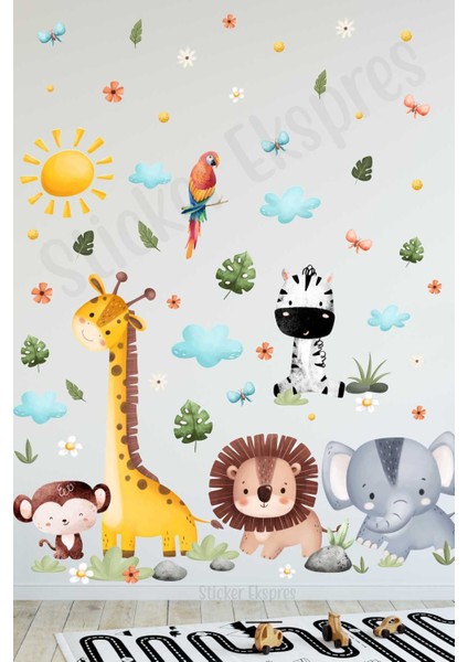 Renkli ve eğlenceli hayvan temalı çocuk odası duvar sticker seti, 5+ parça