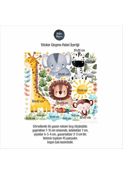 Renkli ve eğlenceli hayvan temalı çocuk odası duvar sticker seti, 5+ parça modelleri
