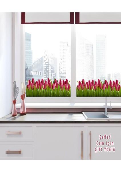 Pembe Lale Desenli Çift Yönlü Cam Sticker, Dekor ve Süs Malzemesi